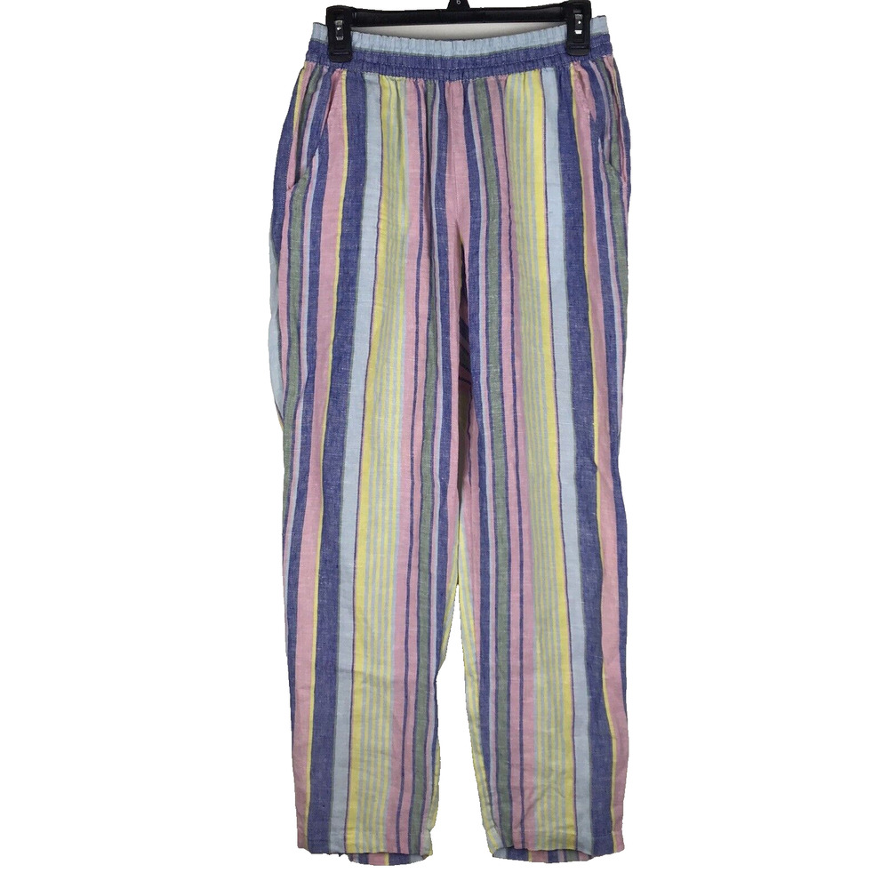 C&C California Pull On Linen Pants Elastic Waist Colorful Stripe Pockets Small